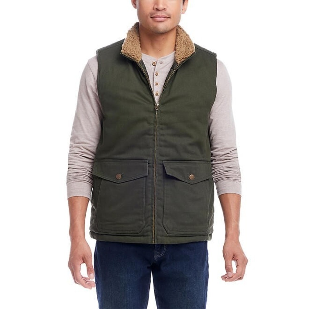 WP Weatherproof Mens Workwear Vest Olive Green Sherpa Collar Quilted Lined S